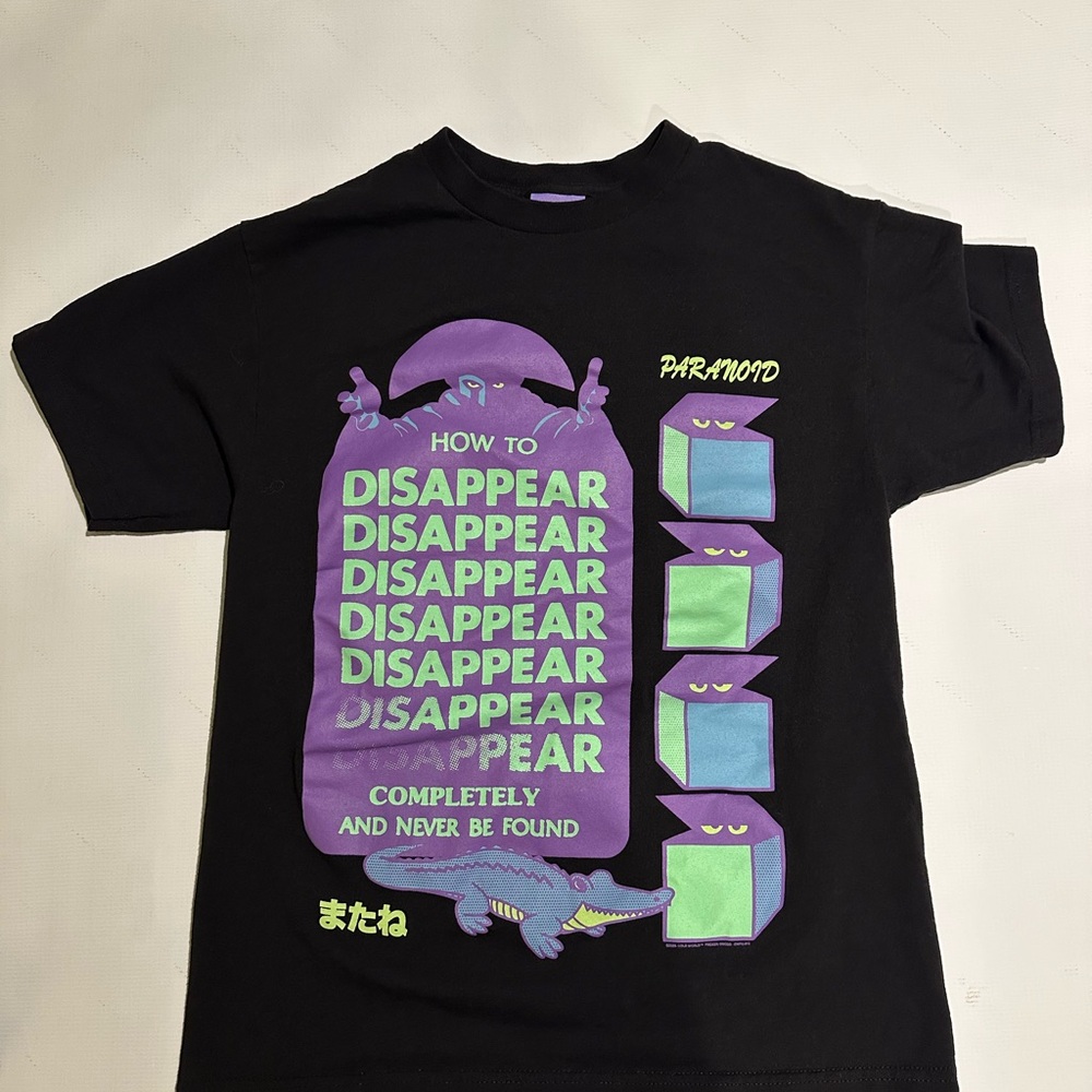 Paranoid Skate Co Black Tee with Purple and Green disappear graphic